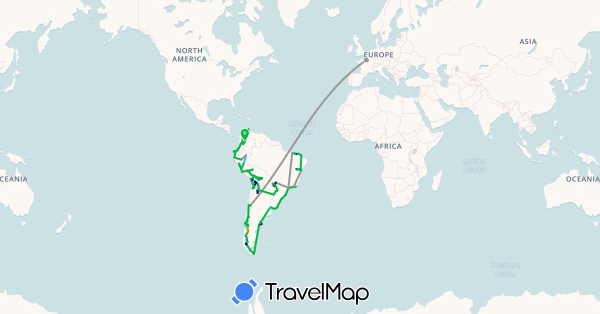 TravelMap itinerary: driving, bus, plane, cycling, train, hiking, boat, hitchhiking, motorbike in Argentina, Bolivia, Brazil, Chile, Colombia, Ecuador, France, Peru, Uruguay (Europe, South America)
